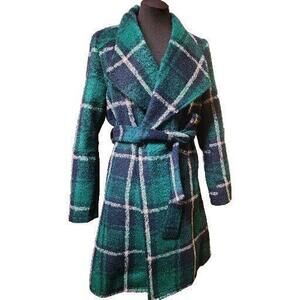 Solitair Womens Green Plaid Trench Coat Green Size M